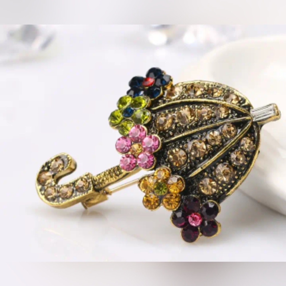 NEW Elegant Dainty Cute Gold and Multicolor Umbrella Brooch (#0290)
